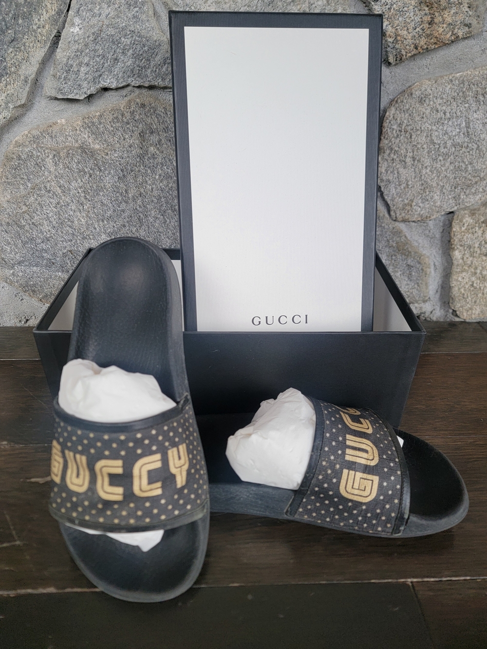 Authentic Gucci Black and Gold Logo Slide Sandals